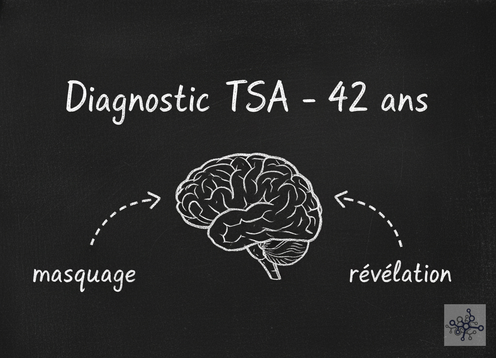 Illustration tableau noir montrant diagnostic TSA à 42 ans, cerveau humain avec flèches pointillées vers masquage et révélation, style notes scientifiques craie blanche