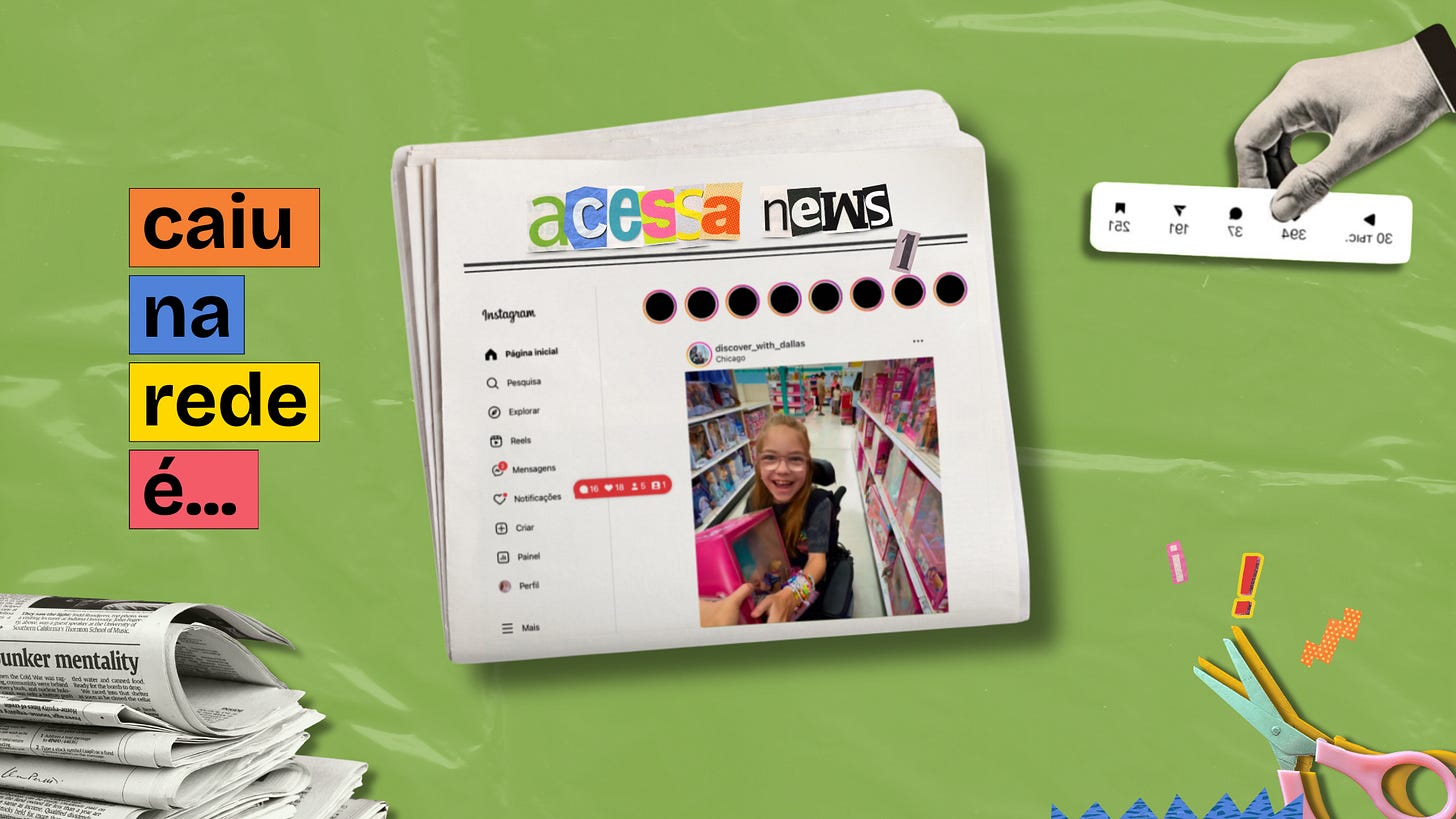 Colagem do nome do quadro. O fundo verde com textura de papel recebe um jornal de papel dobrado em que o nome é "acessa news" e a manchete principal é uma montagem da página inicial do Instagram. A esquerda, tem o nome do quadro em blocos de cor Ao redor do jornal, tem diversos elementos de corte e colagem como papeis, jornais, tesoura e imagens de revista. Colagem do nome do quadro. O fundo verde com textura de papel recebe um jornal de papel dobrado em que o nome é "acessa news" e a manchete principal é uma montagem da página inicial do Instagram. A esquerda, tem o nome do quadro em blocos de cor Ao redor do jornal, tem diversos elementos de corte e colagem como papeis, jornais, tesoura e imagens de revista.
