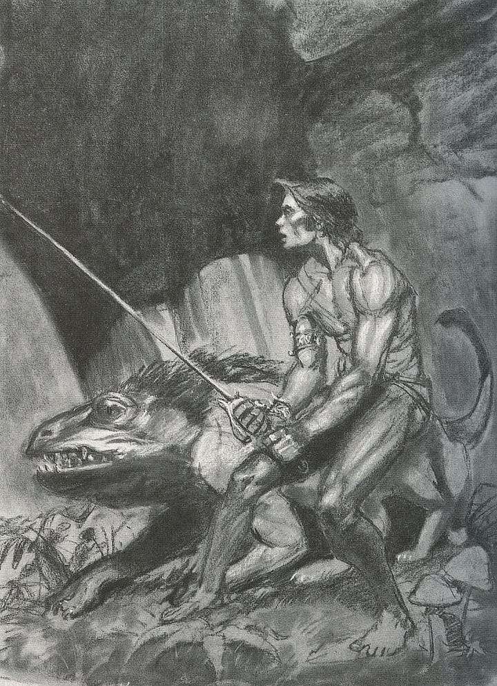 LEFT: Figure study in pencil for THE WARLORD OF MARS that features John Carter and Woola in mirrored position to the painting facing right. He holds a rapier as his trunk twists and the long dagger is hel lower so the blade is partially blocked by his thigh. His foot is planted on the large skull of a tusked creature. RIGHT: Alternate tonal preliminary concept for THE WARLORD OF MARS executed in charcoal. John Carter looks left in surprise with both hands on the grip of his rapier. Woola pads along next to him on all 8 legs. Teeth overlap as its mouth is closed. Its tail is curled up in worried alert.
