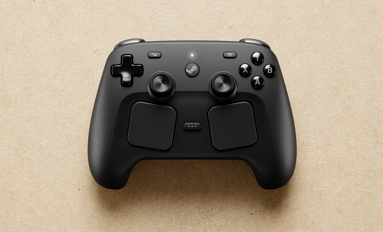 Steam Controller 2026 top-down flat lay showing the full controller layout including dual trackpads, thumbsticks, face buttons and D-pad