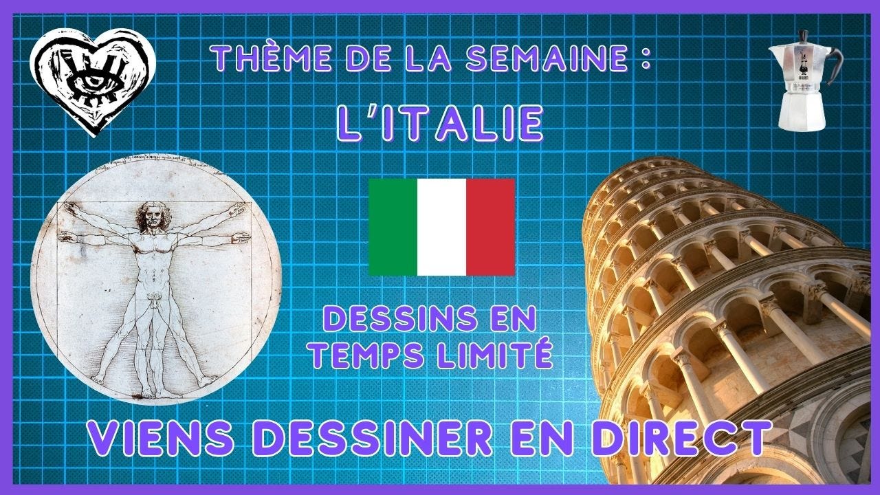 Miniature de la session du dimanche 20 Juillet sur l'Italie. On y voit un montage photos de l'Homme de Vitruve de da Vinci, le drapeau italien, la tour de Pise et une cafetière Bialetti.