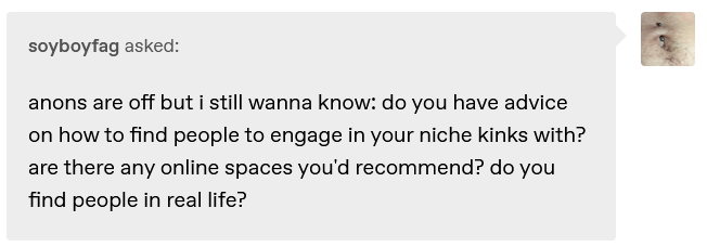 soyboyfag asked: anons are off but i still wanna know: do you have advice on how to find people to engage in your niche kinks with? are there any online spaces you'd recommend? do you find people in real life?