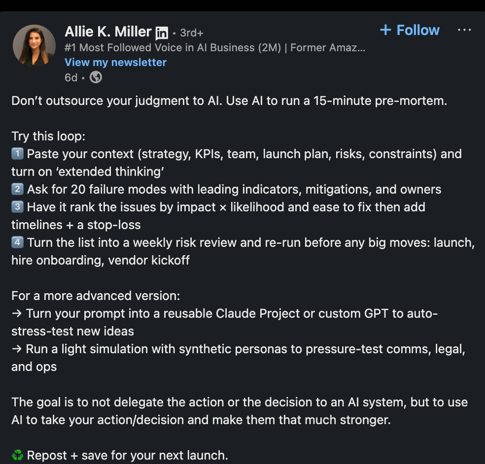 LinkedIn post about enhancing workflows with AI without outsourcing judgment