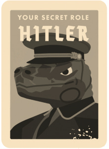 Secret Hitler Role Card, a Dinosaur in a silly fascist hat somehow with a Hitler mustache.