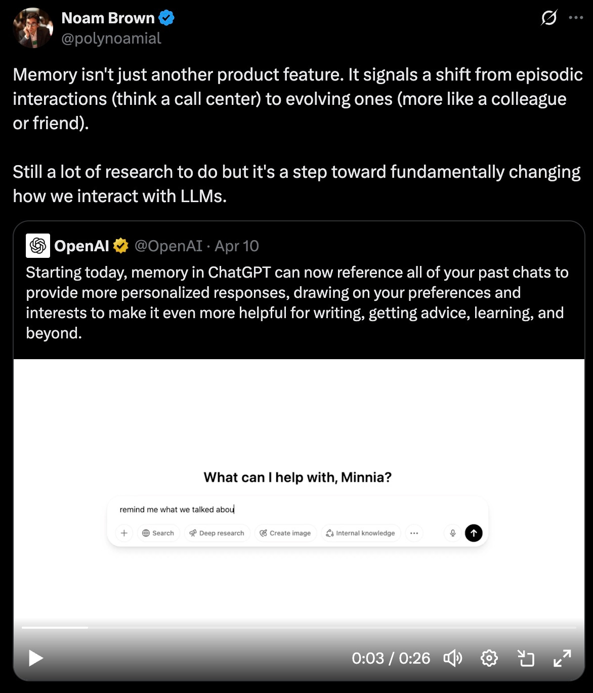 Screenshot of Noam Brown tweet: “Memory turns chatbots into colleagues or friends.”
