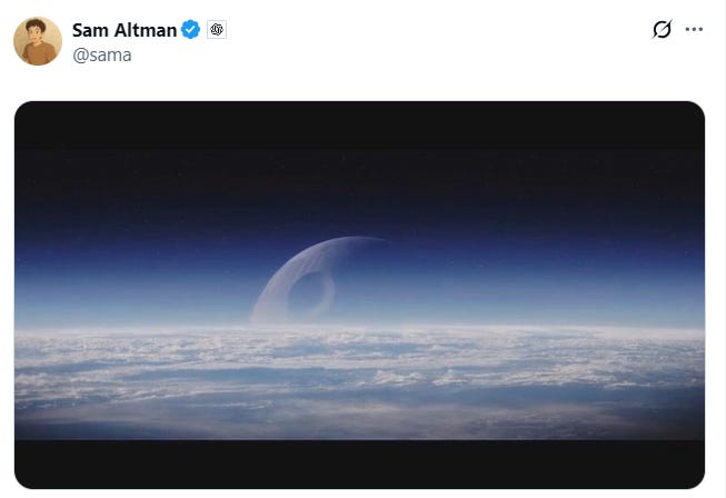 Tweet from Sam Altman showing Earth’s horizon with a large, shadowed Death Star emerging above the clouds.