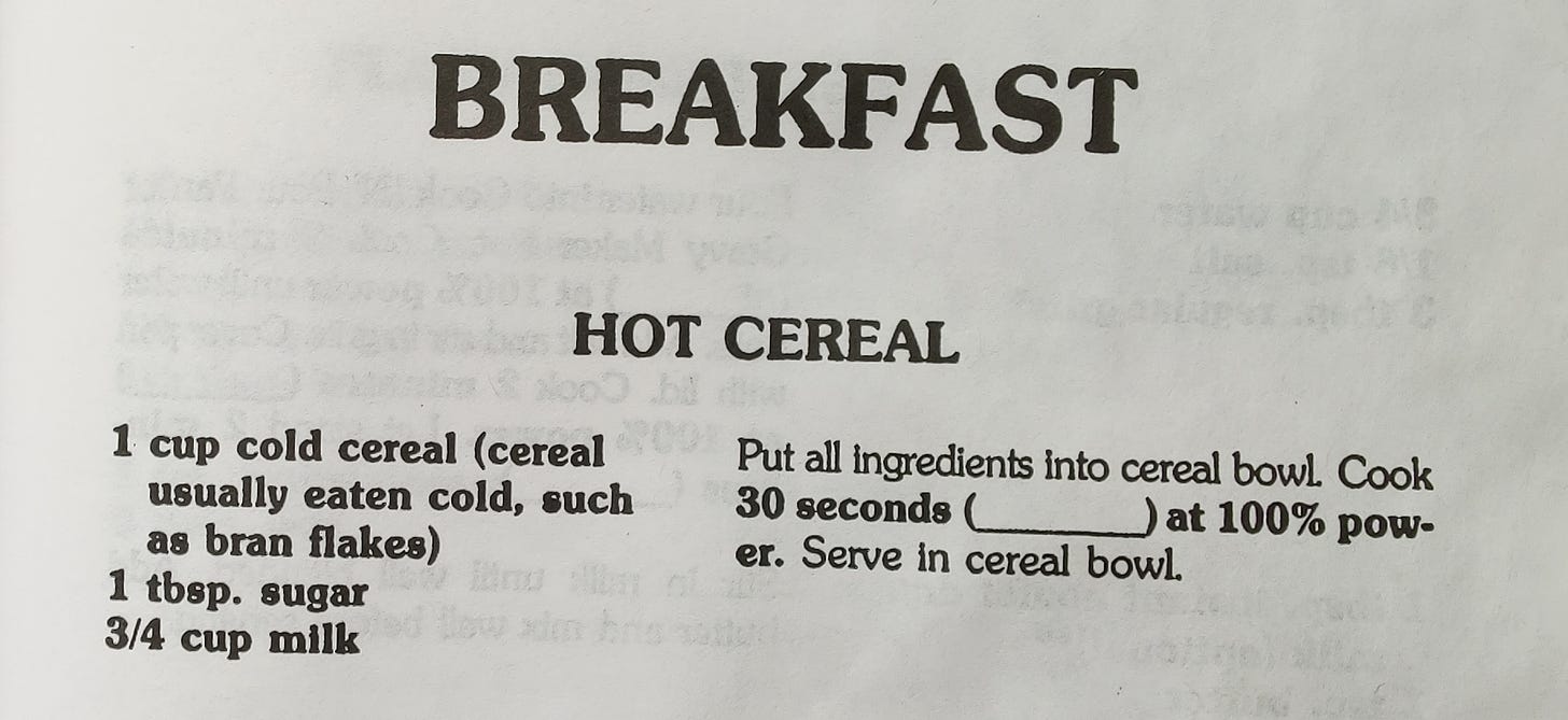 The recipe for making hot cereal with milk in the microwave.