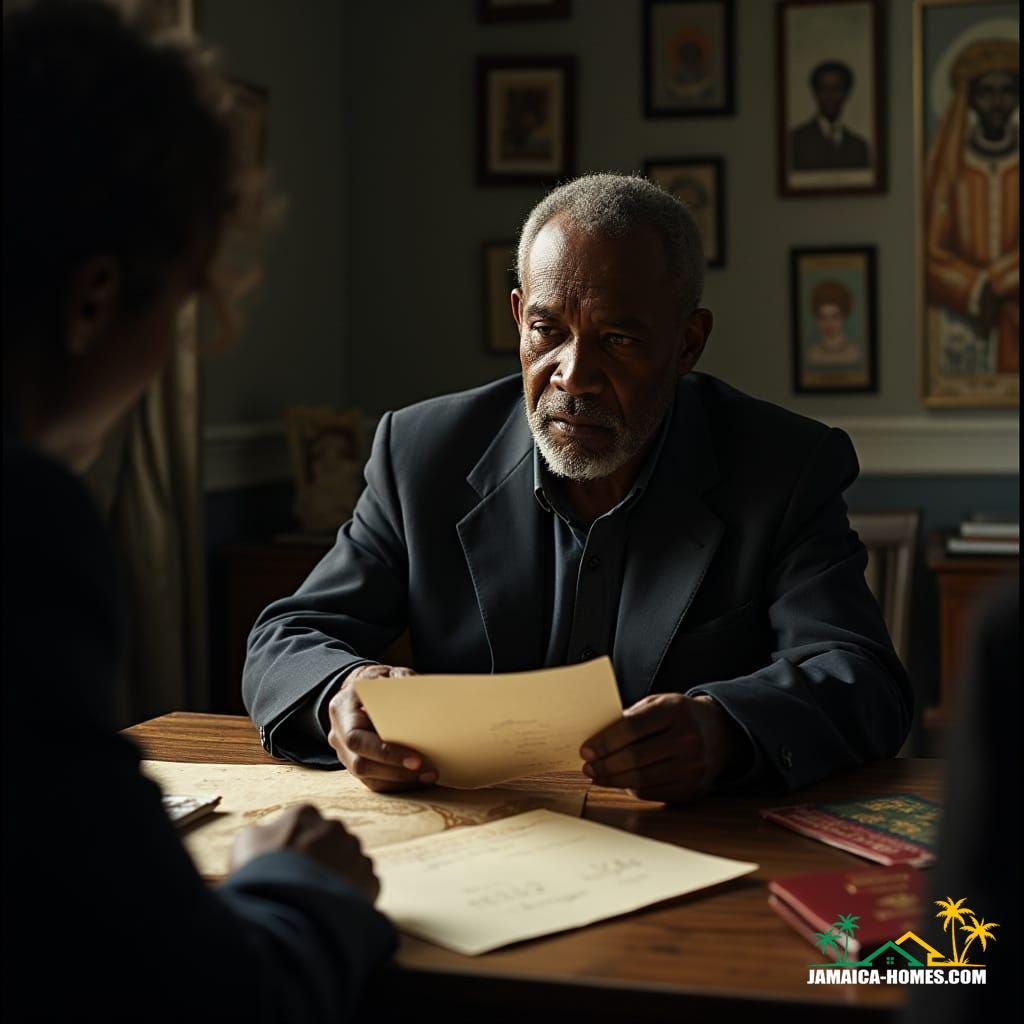  Cinematic film still, shot on v-raptor XL, 35mm film, featuring a poignant scene of an an elderly Black British man receiving a letter, with a worn passport on a table beside him. In the background, subtle hints of a commemorative stamp and a planned memorial stone are visible. The image conveys a sense of lingering bureaucracy and the slow pace of justice, contrasted with national recognition. Dramatic cinematic lighting casts long shadows, enhancing the atmospheric and emotional tone. Film grain, vignette, color graded, post-processed, live-action, best quality, atmospheric, a masterpiece, epic, stunning, dramatic.
