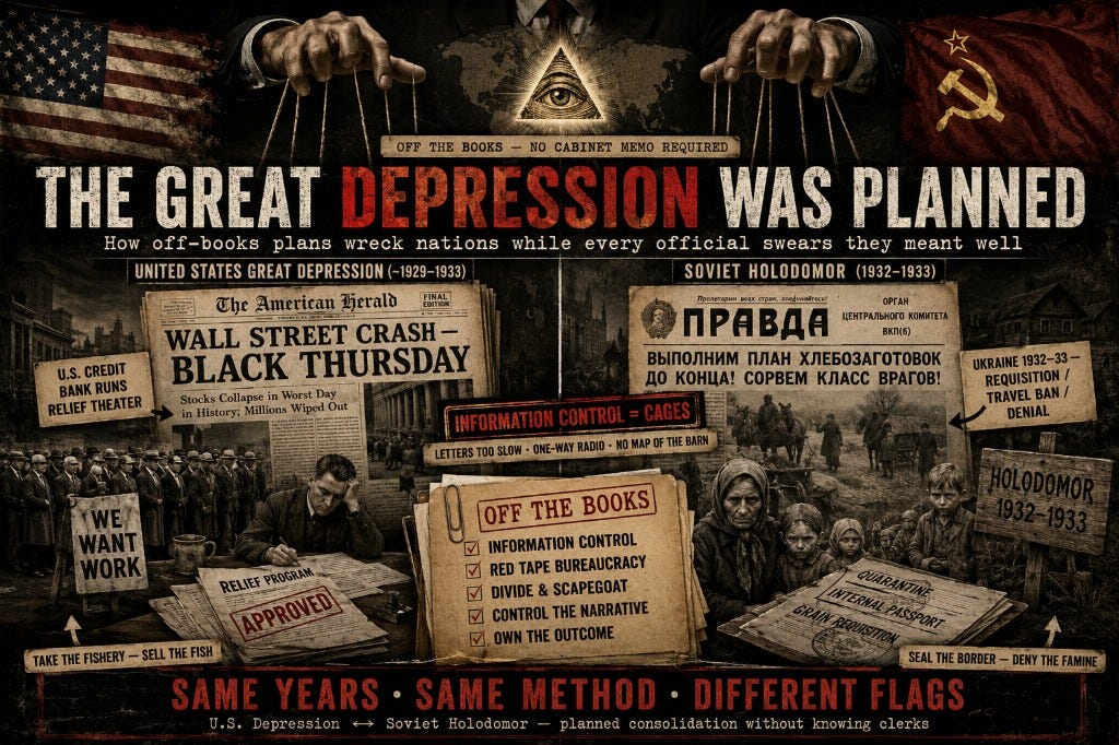 The Great Depression Was Planned — split poster: U.S. Depression 1929–33 vs Holodomor 1932–33; INFORMATION CONTROL = CAGES; SAME YEARS SAME METHOD DIFFERENT FLAGS