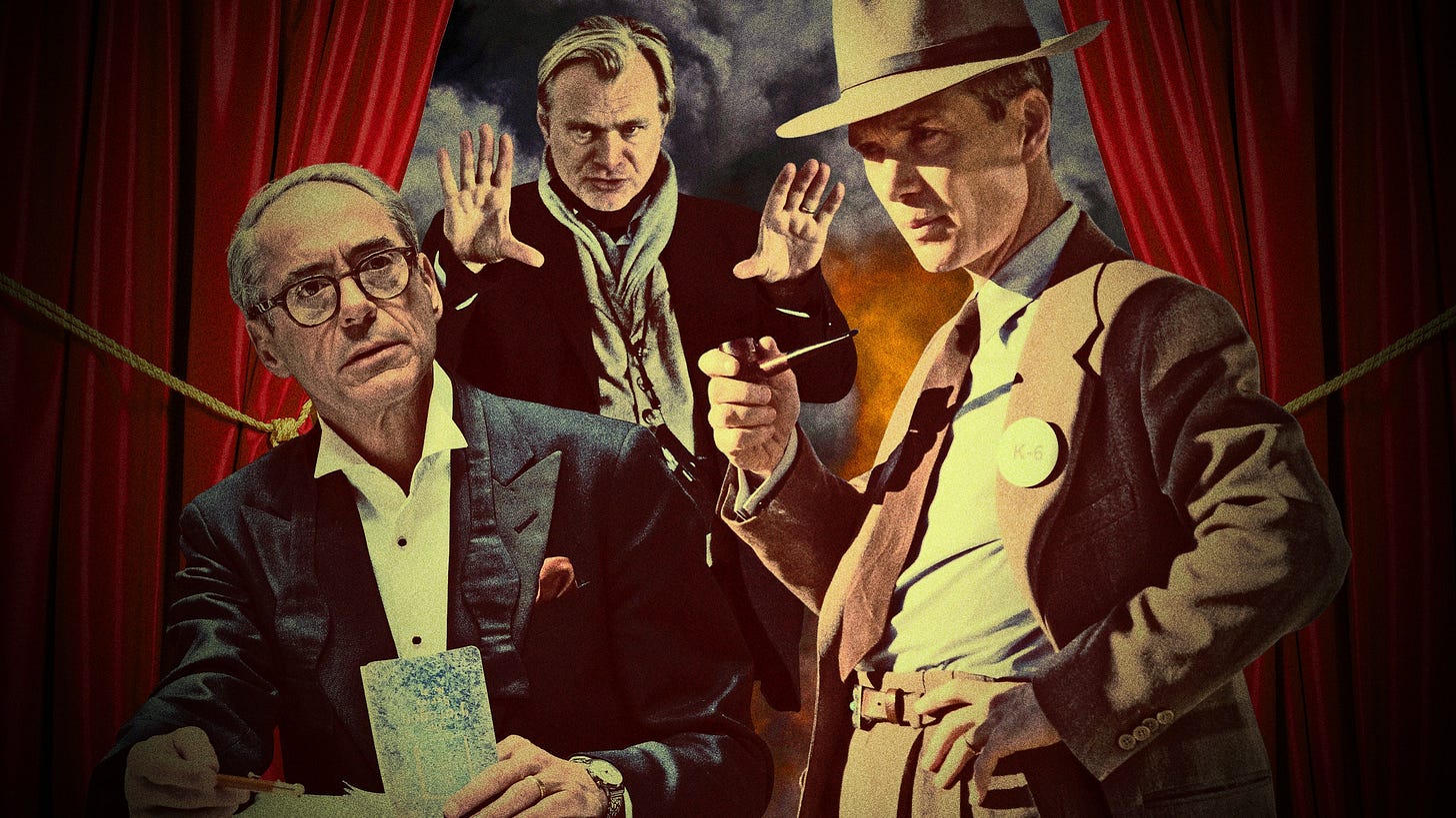 Robert Downey Jr. as Lewis Strauss, Cillian Murphy as Robert Oppenheimer, and director and co-producer, Christopher Nolan. Picture courtesy of GQ.