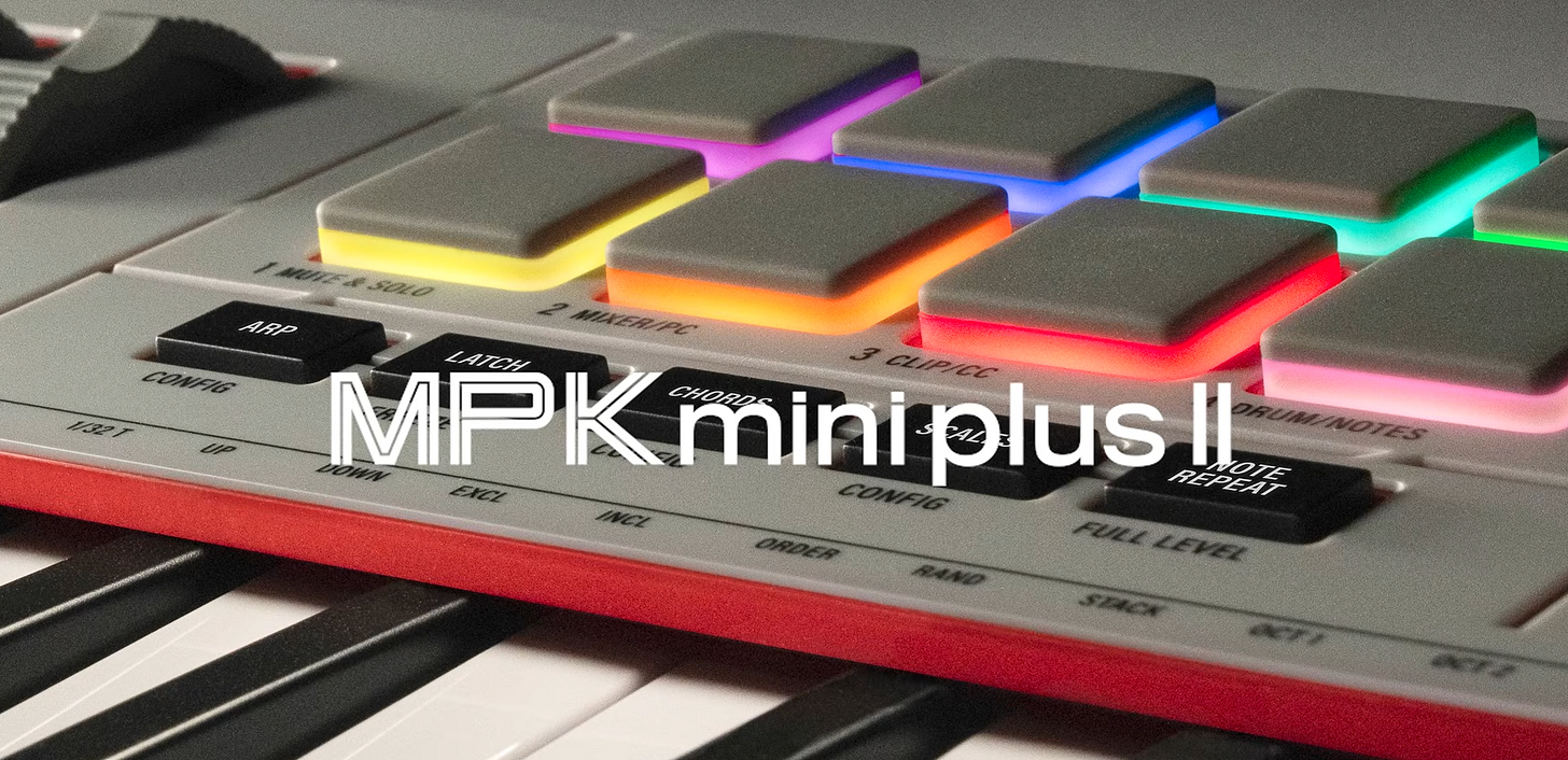 MPK MIni Plus II logo over closeup of MPK Mini Plus II pads MPK MIni Plus II logo over closeup of MPK Mini Plus II pads