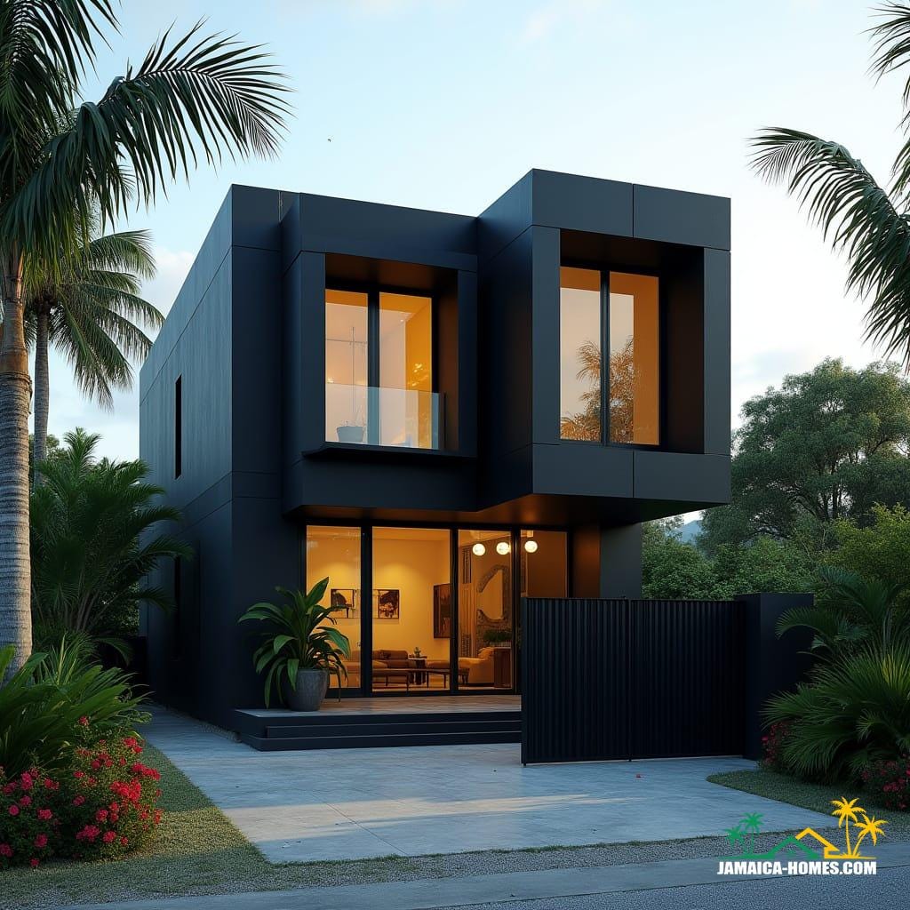 A striking modern black Caribbean cottage in Jamaica, nestled near the beach. The architecture features bold, square, solid lines, with cubic forms stacked in a contemporary Gothic-inspired style. Large, protruding window boxes are framed in matte black steel and concrete. Oversized square windows jut outward, offering views of the turquoise sea and lush tropical greenery. Warm golden interior lighting glows through the solid glass, contrasting with the deep black exterior. The landscape includes tropical palms, flowering plants, and a sleek stone driveway leading to a modern black gate. Cinematic film still, shot on v-raptor XL, film grain, vignette, color graded, post-processed, cinematic lighting, 35mm film, live-action, best quality, atmospheric, masterpiece, epic, stunning, dramatic.