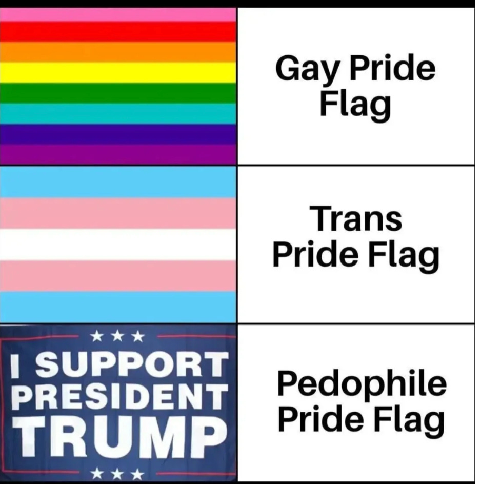 Three flags are stacked stop each other. The first is a rainbow and titled Gay Pride Flag. The next is blue and pink and white and titled Trans Pride Flag. The last is a blue and white "I support President Trump" and it titled Pedophile Pride Flag.