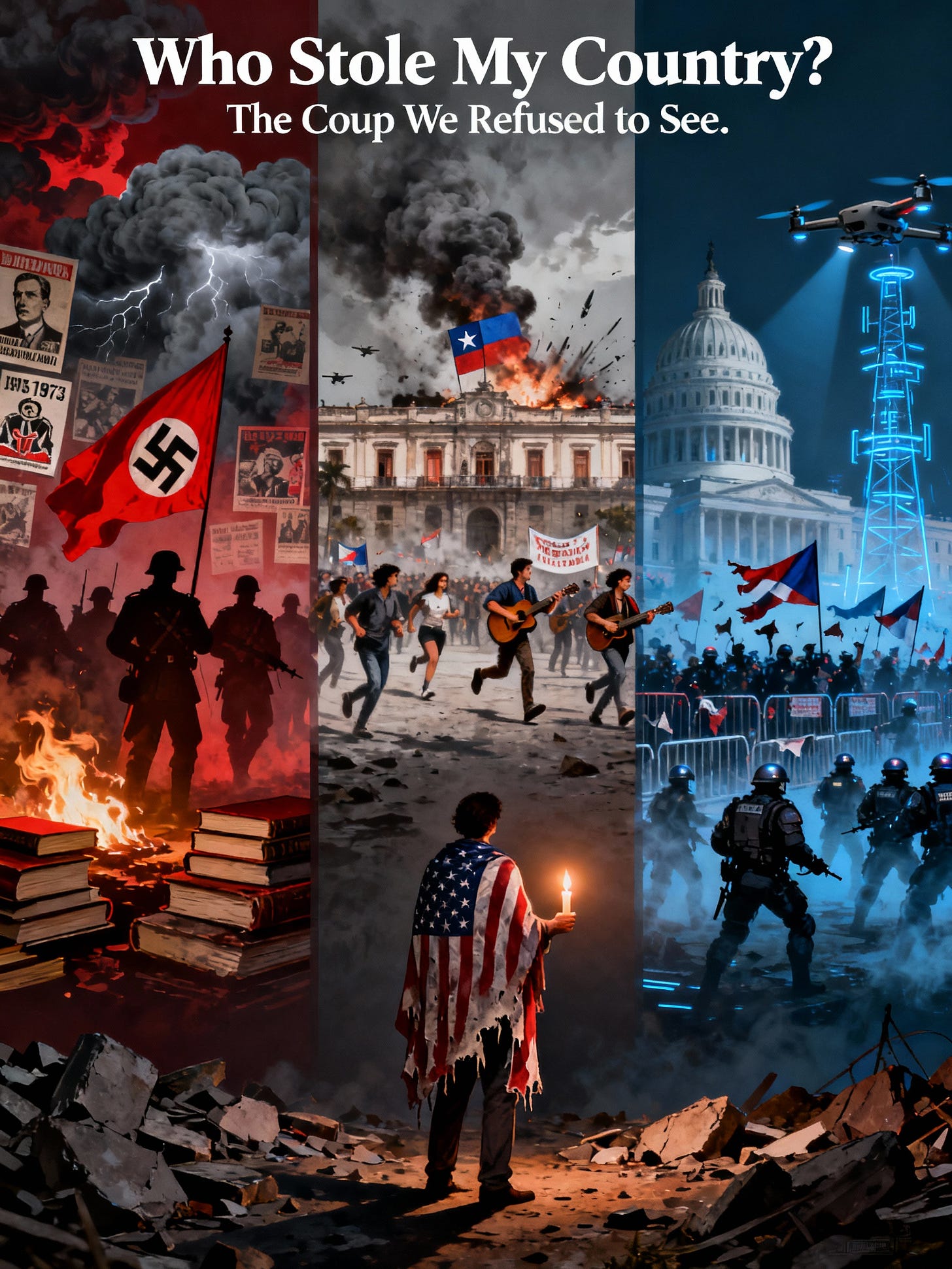 A lone figure draped in a battered American flag stands witness as history’s darkest storms converge—Nazi Germany’s terror, Chile’s burning rebellion, and America’s siege on democracy—each echoing the question: when authoritarianism arrived, who stood to keep the candle of freedom alive? A lone figure draped in a battered American flag stands witness as history’s darkest storms converge—Nazi Germany’s terror, Chile’s burning rebellion, and America’s siege on democracy—each echoing the question: when authoritarianism arrived, who stood to keep the candle of freedom alive?