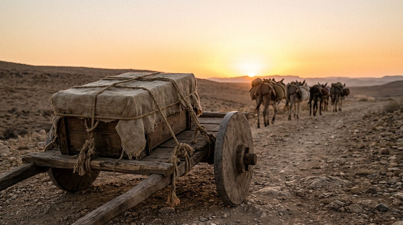 A wooden chest of old bones wrapped in linen resting on a cart at the edge of a desert road at dawn, a line of loaded donkeys ahead, no people, no faces, no text