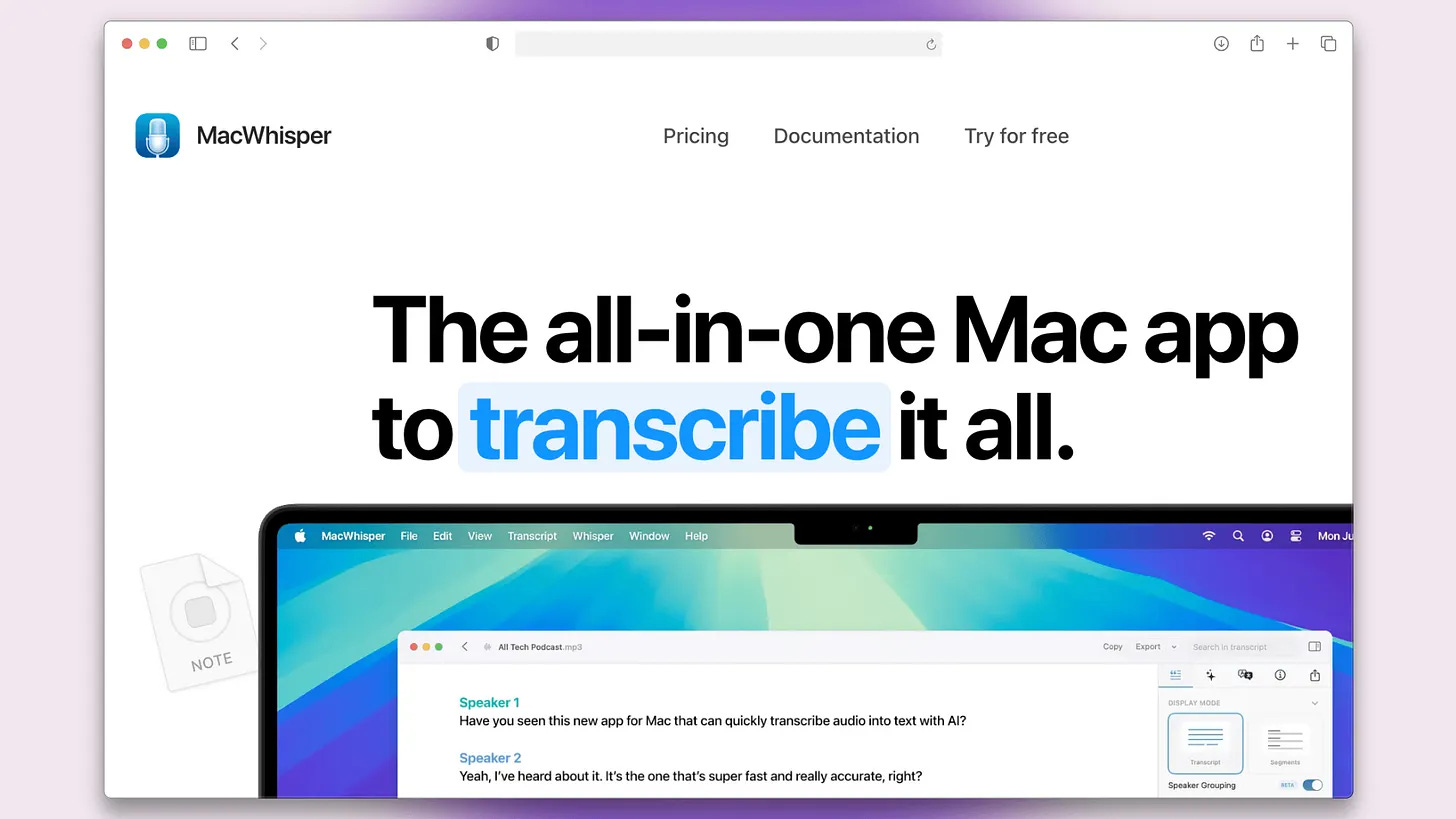Screenshot of the MacWhisper desktop app interface for transcribing audio and video files locally on a Mac. Gemini helped draft this alt-text.