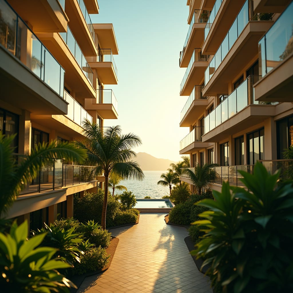 Luxurious condos in Jamaica, with warm tropical sunlight casting a golden glow on the modern architecture, set against a breathtaking backdrop of turquoise ocean and lush green palm trees