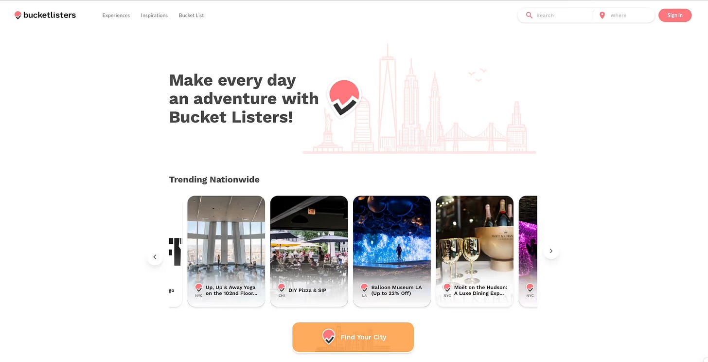 Screenshot of the BucketListers website homepage showing their tagline 'Make every day an adventure with Bucket Listers!' The page displays trending nationwide experiences with city skyline graphics and multiple event thumbnails below.