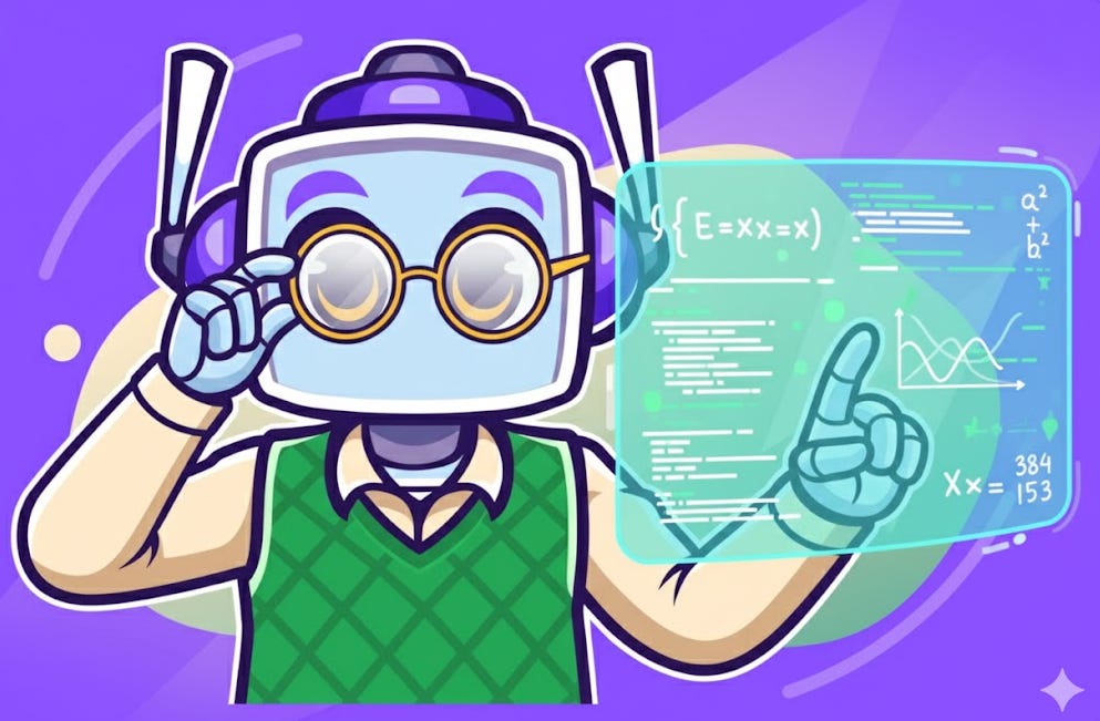 A light blue robot character, Neuralbuddy, with round yellow glasses and purple headphones, adjusts its glasses with one hand while pointing at a floating holographic display filled with equations and graphs with the other. The background is a vibrant purple with subtle gradient patterns in the character's primary colors.
