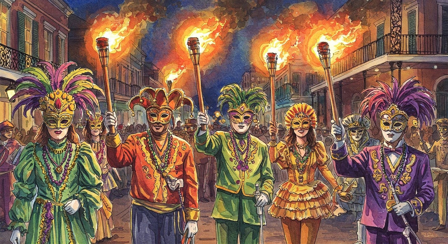Image of Mardi Gras Krewes united in community with torches raised. Image of Mardi Gras Krewes united in community with torches raised.