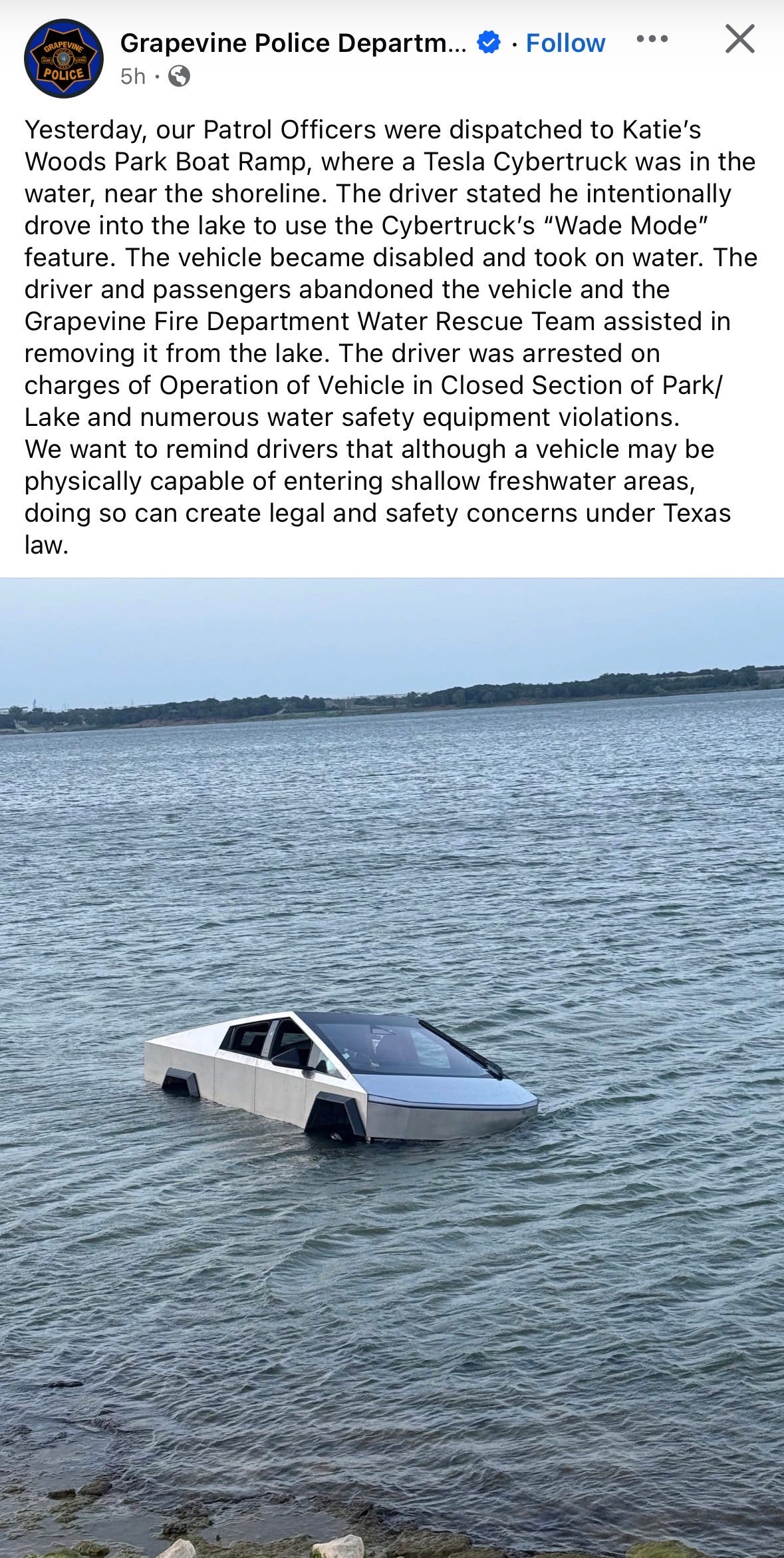 Facebook post about sinking Cybertruck