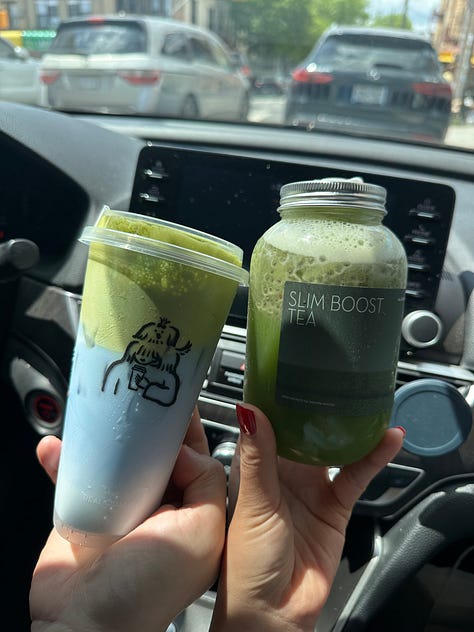 left: dim sum at East Harbor Seafood Palace; middle: matcha coconut blue and kale tea from HEYTEA; right: Portuguese egg tarts from Xin Fa Bakery - Chinatown, Brooklyn