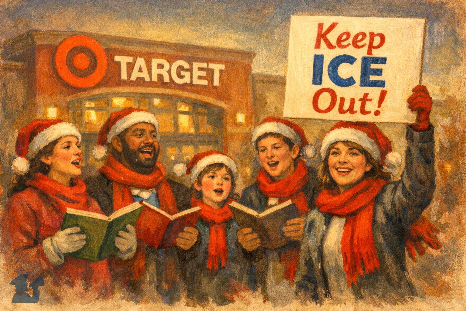 Illustration of Christmas Carolers protesting against Target harboring ICE Illustration of Christmas Carolers protesting against Target harboring ICE