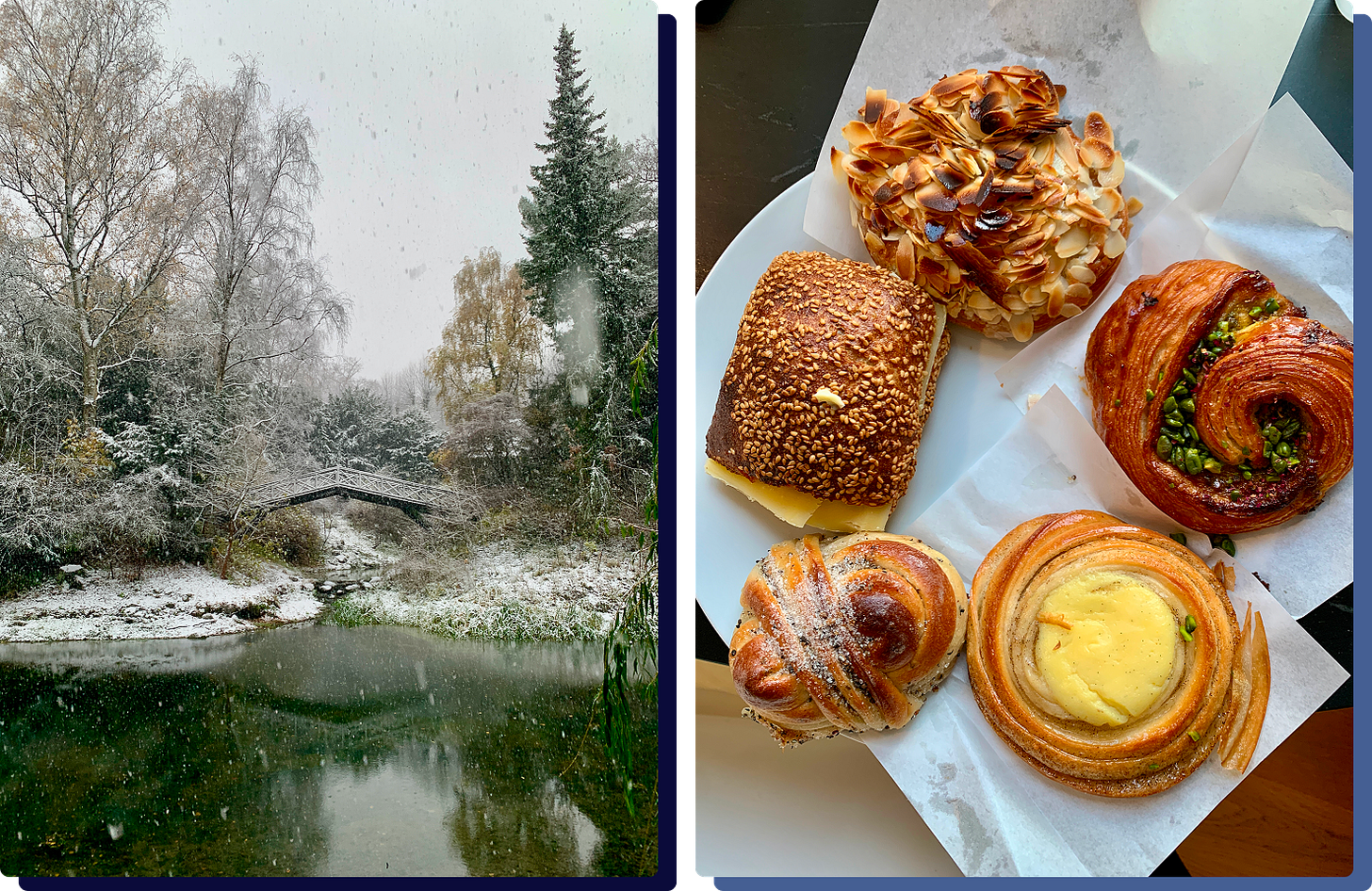 Snapshots of a snowy landscape and an assortment of pastries in Copenhagen Snapshots of a snowy landscape and an assortment of pastries in Copenhagen