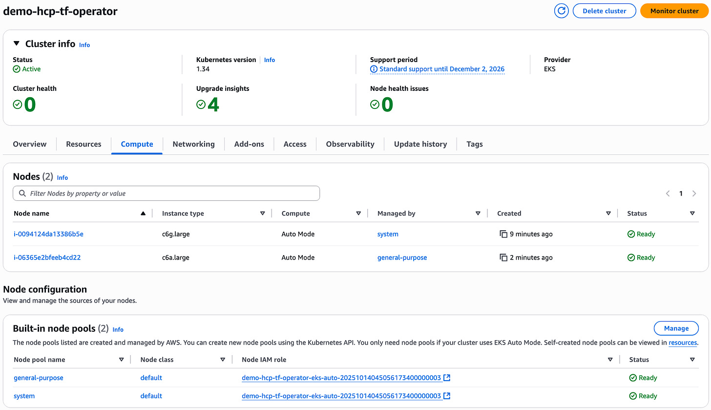 EKS cluster compute configuration shows a general-purpose node created EKS cluster compute configuration shows a general-purpose node created