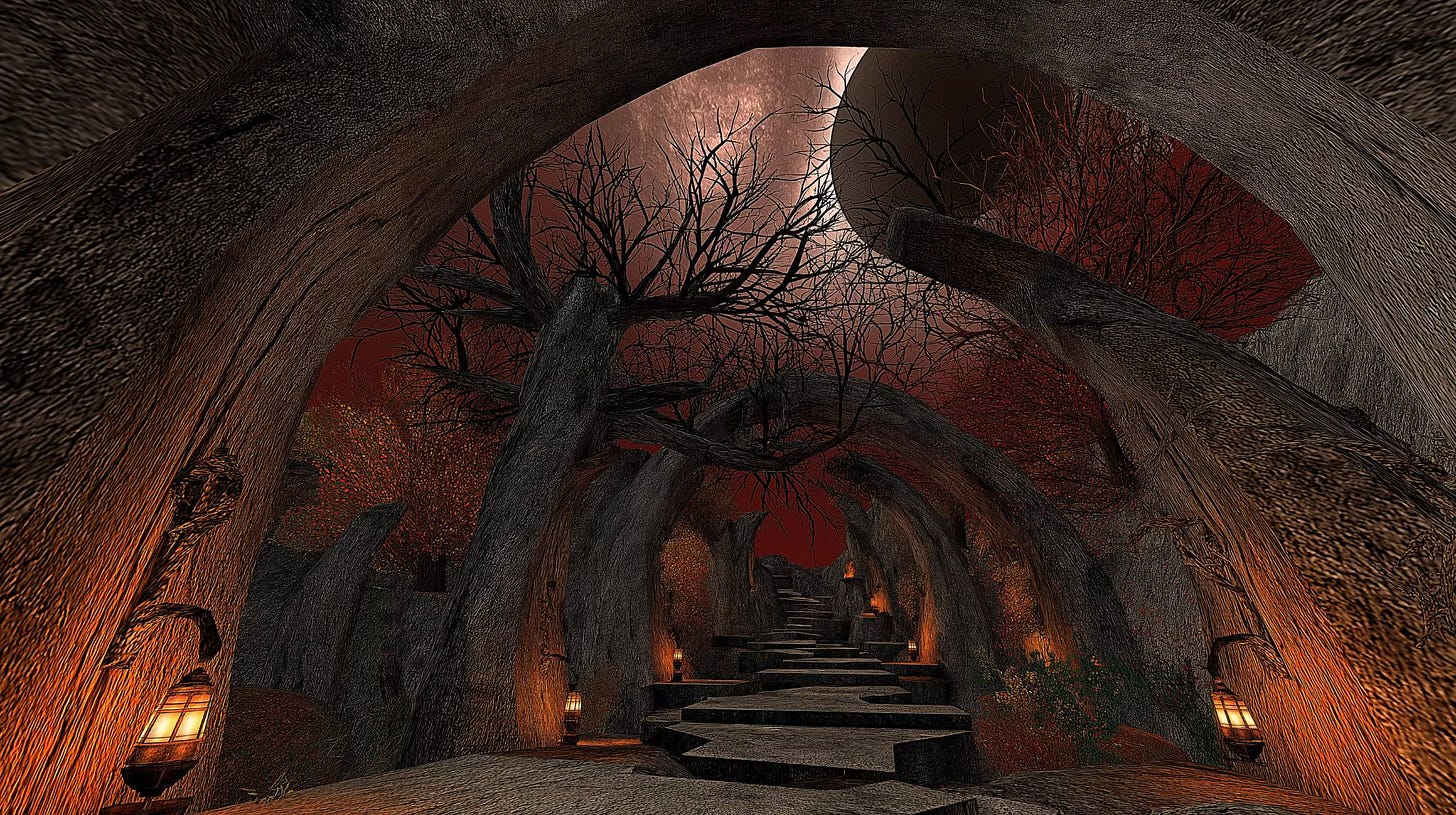 A stone pathway winds upward through an archway of massive, twisted tree trunks illuminated by lanterns. The sky above glows a deep red, with a darkened moon casting an ominous light over the eerie forest corridor.