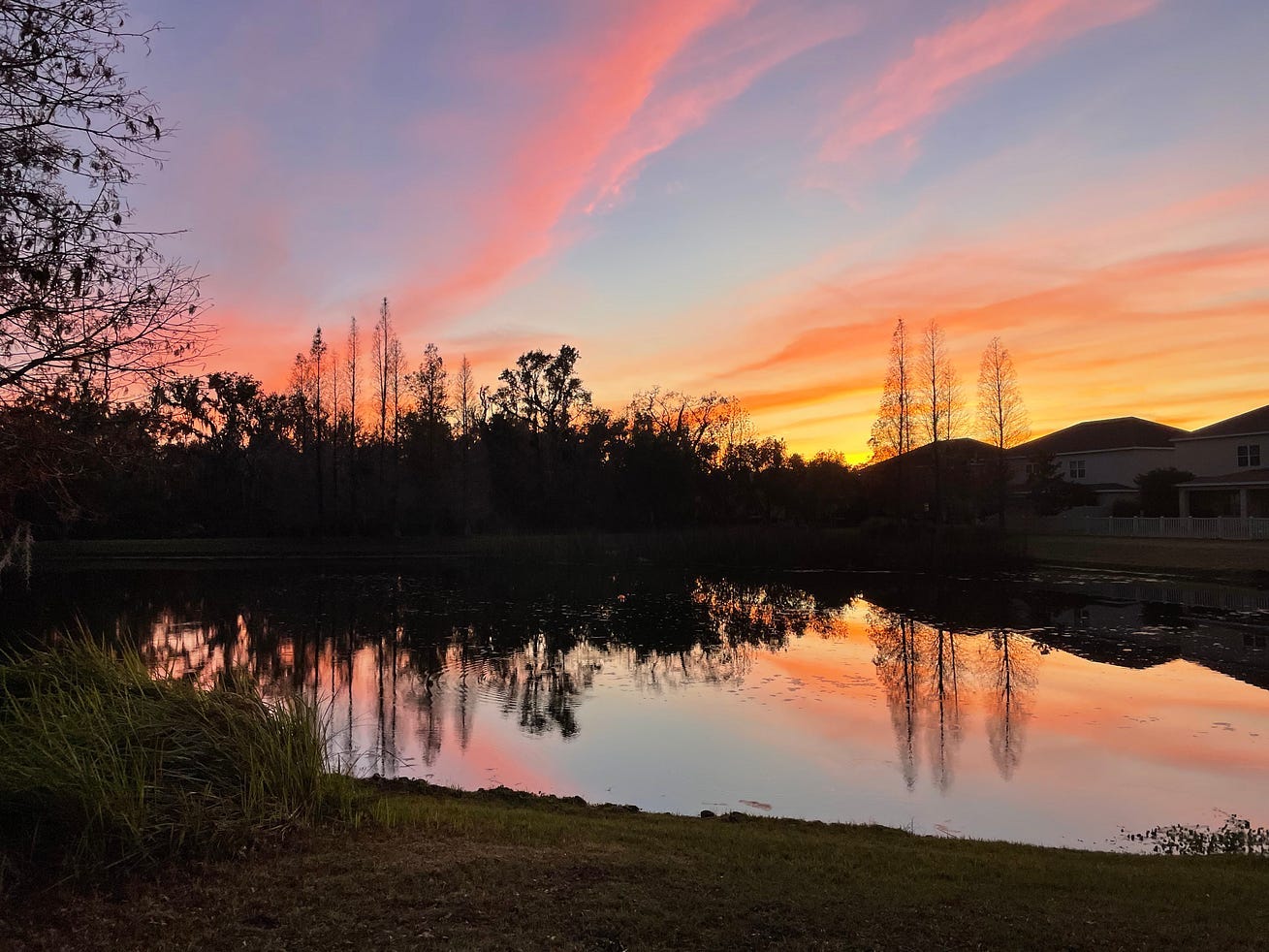 Channing pond at sunset with cyprus silhouettes across orange and blue sky- Bob Metivier 2025