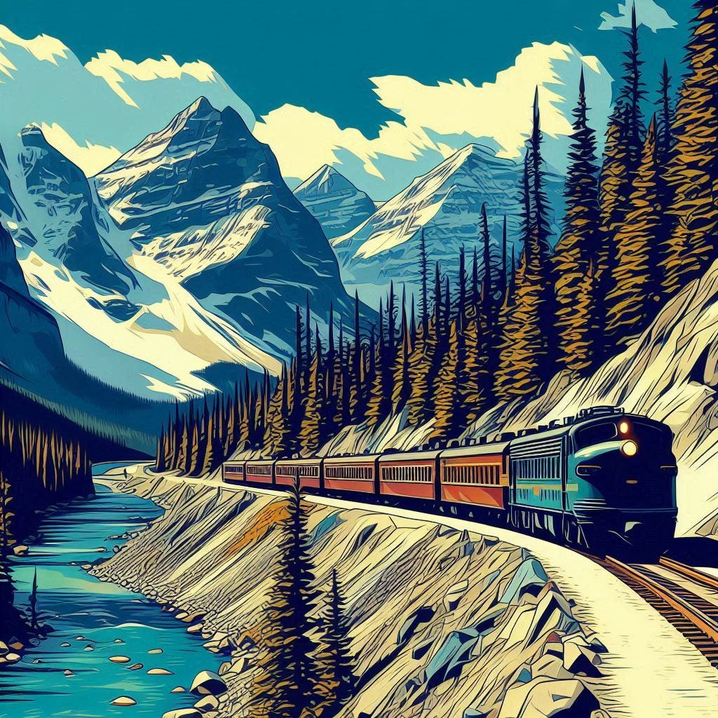 scenic canadian railway in the style of roy lichtenstein