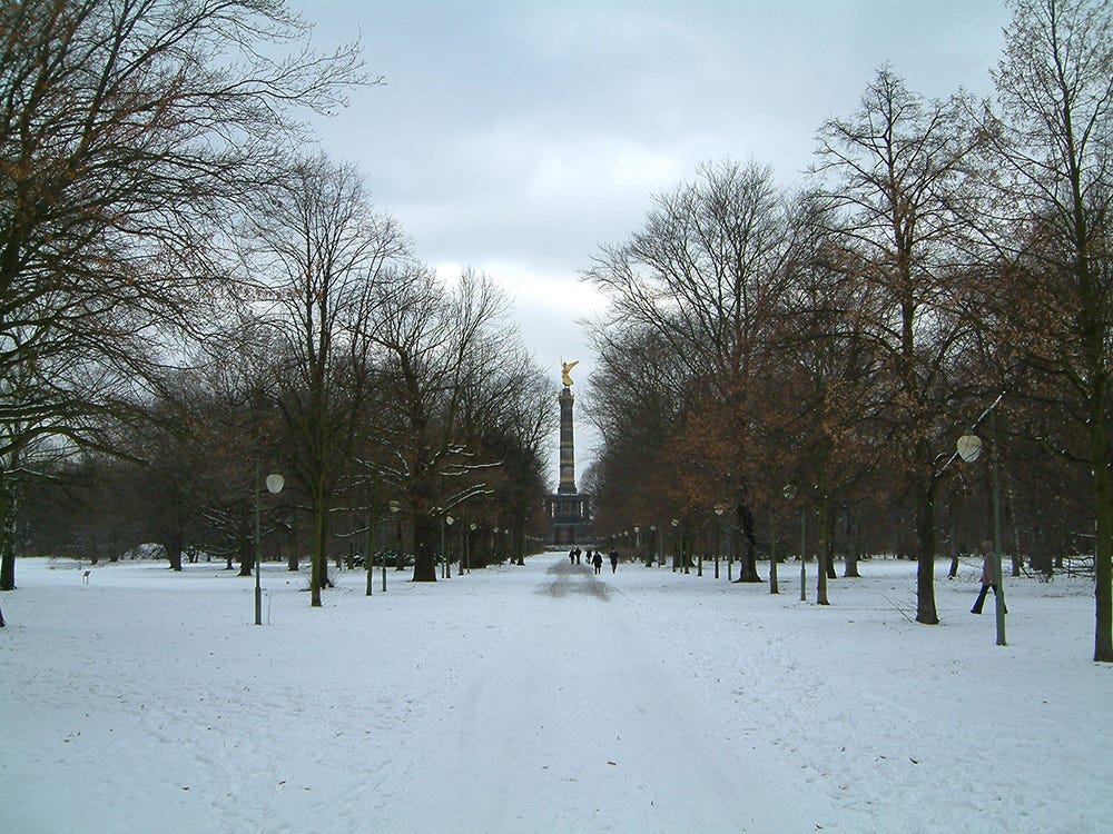 Photograph of the Tiergarten in Berlin. under snow.