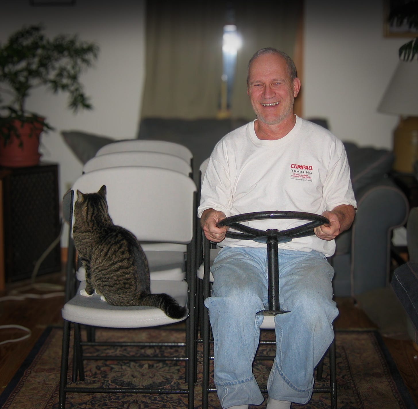 Bus driver with one feline passenger