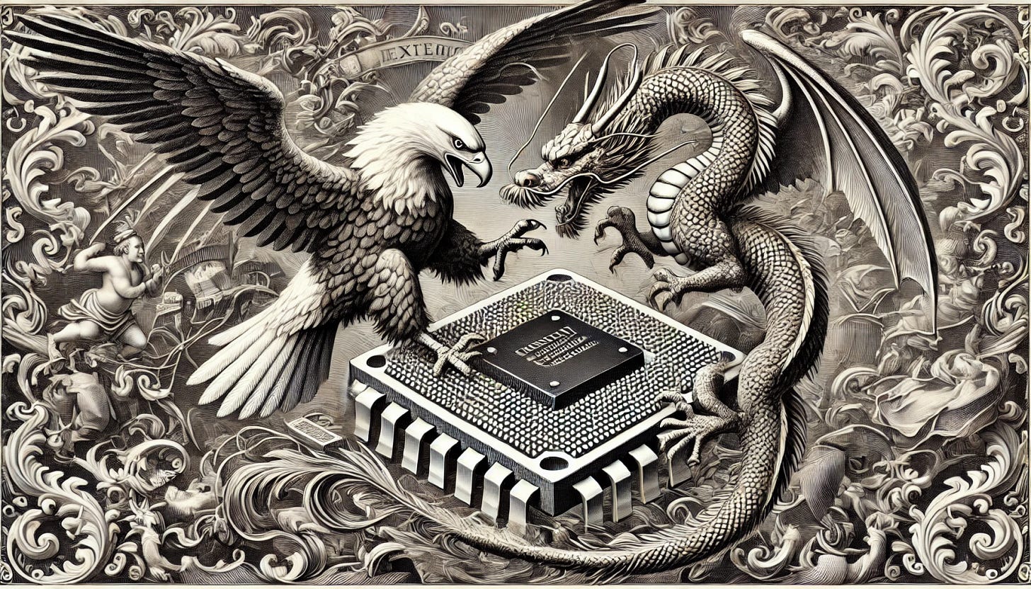 A detailed sixteenth-century style engraving, reminiscent of Albrecht Dürer's work, in landscape mode. It depicts an American eagle and a Chinese dragon in an intense battle over control of a semiconductor. The eagle's wings are spread wide, talons gripping one side of the semiconductor, while the dragon coils around the other side with its claws, each scale finely detailed. The semiconductor is depicted more technically, with visible circuits and chips, appearing as an intricate piece of technology. The background combines traditional Western Baroque flourishes with Chinese motifs, all in a highly detailed monochromatic engraving style.