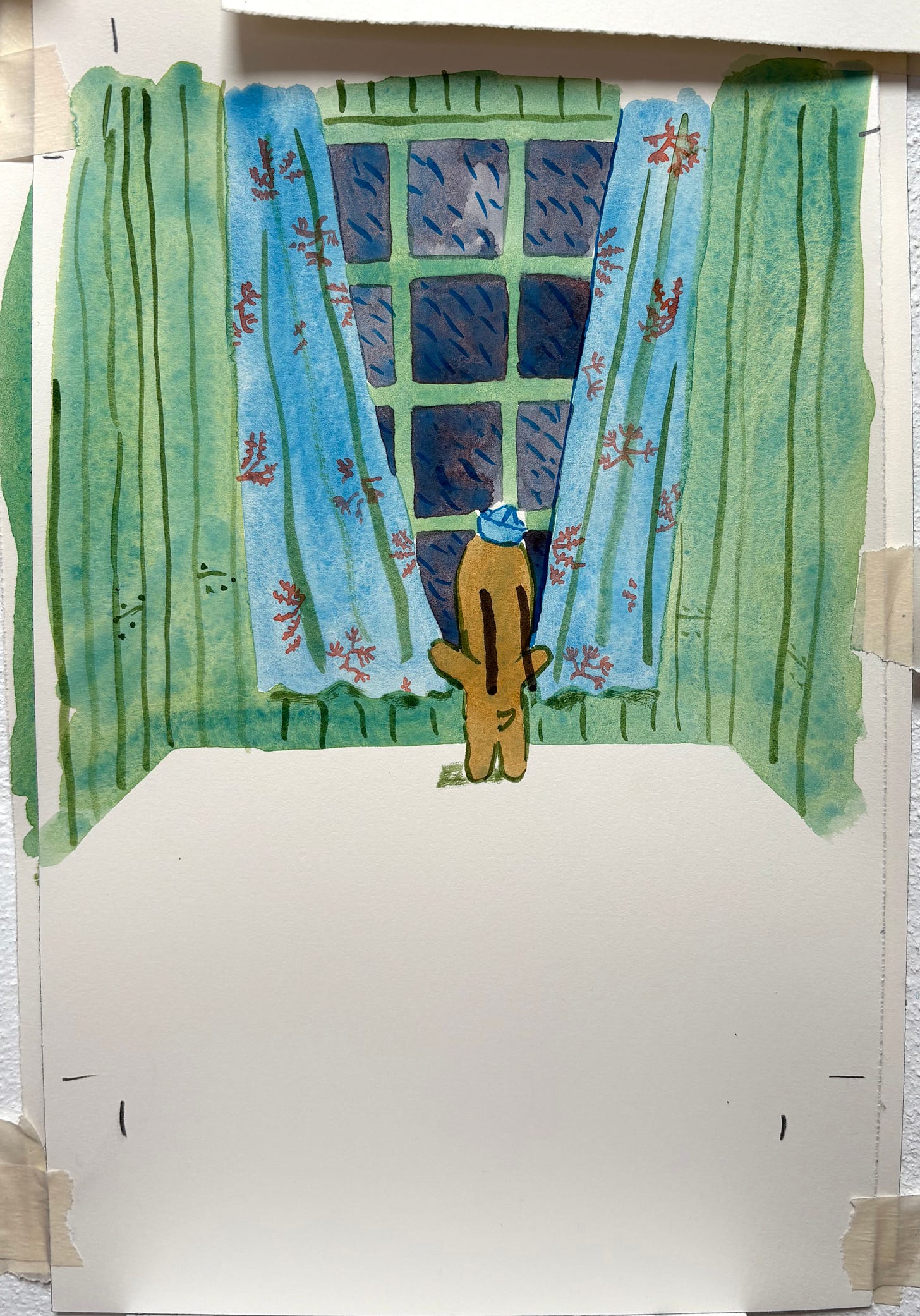 Illustration of a dog with his back to us drawing the curtains