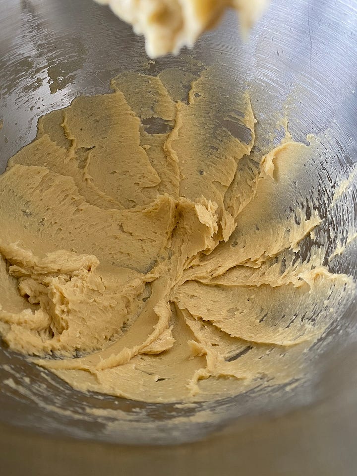 Shortbread dough in a mixing bowl.