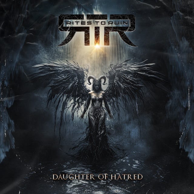 A horned and winged figure adorns the cover of the Daughter of Hatred album from Rites to Ruin.