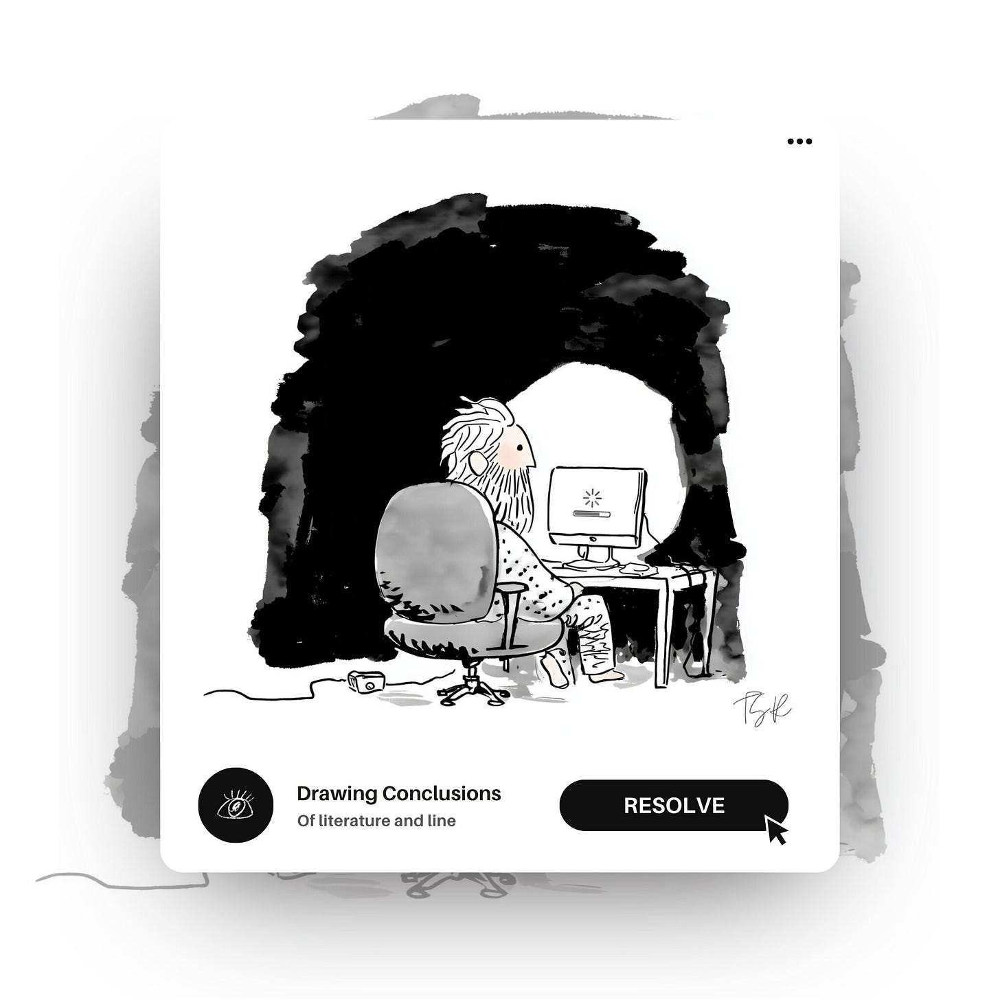 A digital pop-up window layered over a ghosted background. Inside, Sisyphus sits in an office chair, viewed from behind, staring at a desktop computer screen displaying a spinning loading icon. A dark, cave-like arch looms over his desk. A high-contrast button at the bottom reads "RESOLVE."