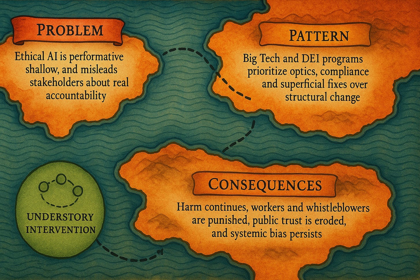 A simulated hand-drawn map illustration on a parchment-like background shows four islands labeled "Problem," "Pattern," "Consequences," and "Understory Intervention." The first three islands are orange-brown landmasses representing issues with ethical AI: shallow accountability, superficial corporate fixes, and ongoing systemic harm. In contrast, "Understory Intervention" is a lush green circular island resembling an oasis, symbolizing a restorative alternative through embodied praxis, shared analysis, and community-powered learning. Curved dashed lines connect the islands across blue ocean waters, suggesting a navigational journey.