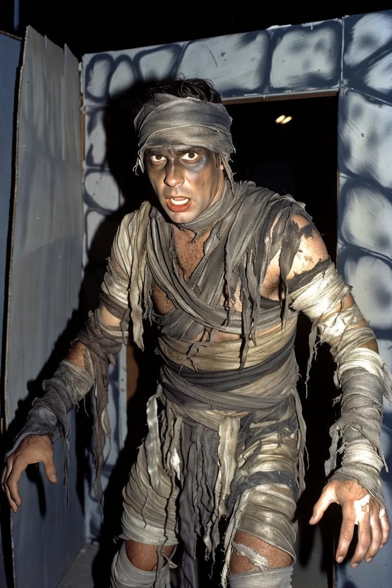 The late-night, B-movie version of a mummy. The man is obviously in a costume. The set is cheesy, and you can see that part of it is painted cardboard. Despite this, the actor is trying to look menacing. The late-night, B-movie version of a mummy. The man is obviously in a costume. The set is cheesy, and you can see that part of it is painted cardboard. Despite this, the actor is trying to look menacing.
