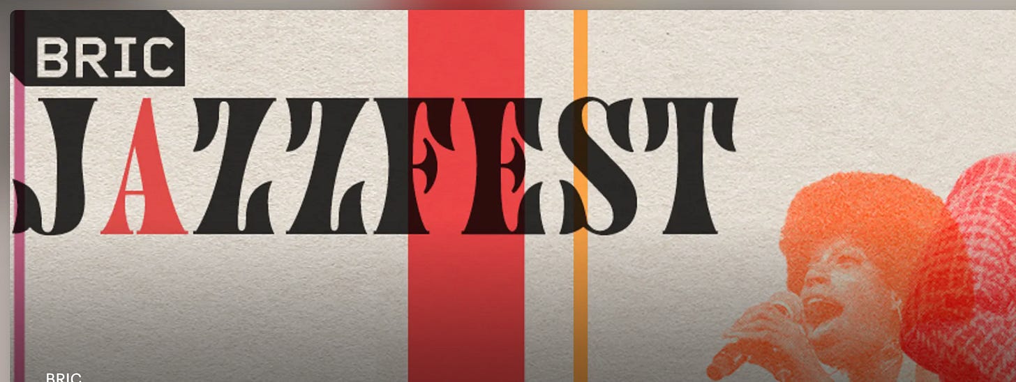 Logo for event with BRIC Jazz Fest across the image in retro font with a Black singer holding a microphone in the corner