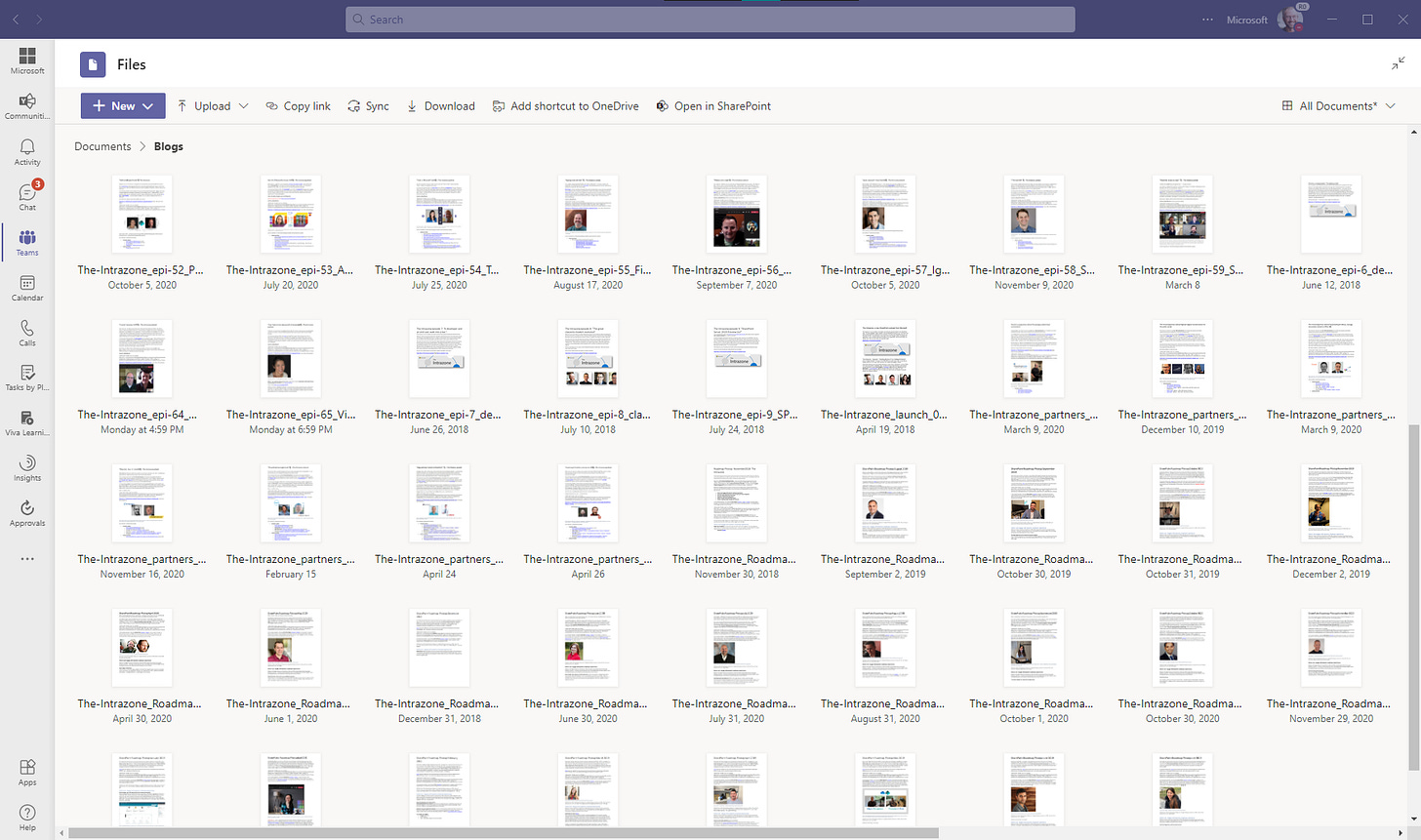 All blog drafts are Word documents stored in the Files tab, which is a SharePoint document library on the backend. All blog drafts are Word documents stored in the Files tab, which is a SharePoint document library on the backend.