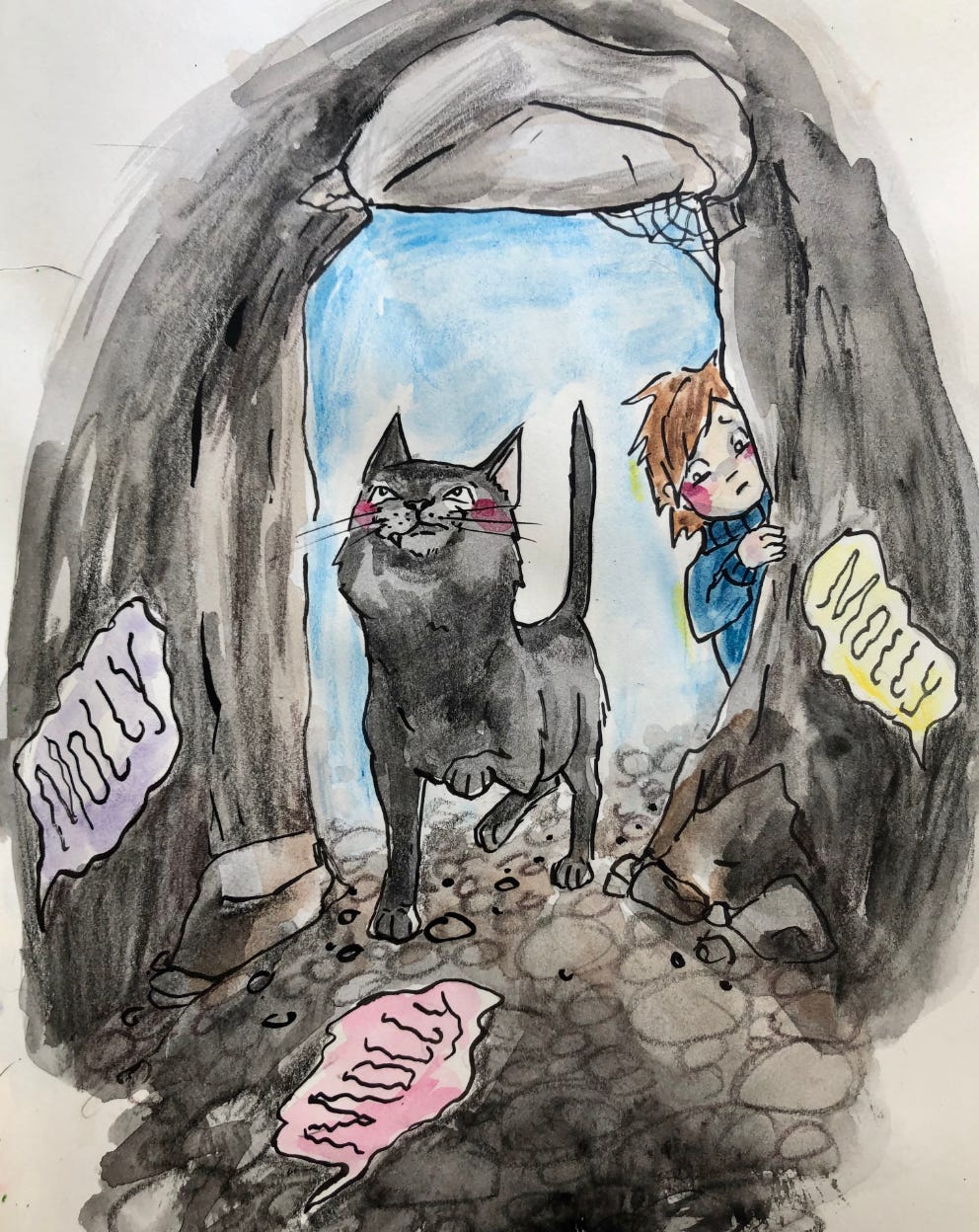 illustration cat walks into cave