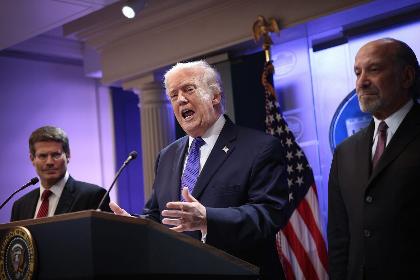 President Donald Trump speaks during a press briefing at the White House Feb. 20, 2026, in Washington, D.C., after the U.S. Supreme Court ruled against his use of emergency powers to implement international trade tariffs. Also pictured on stage, left to right, are Solicitor General John Sauer and Secretary of Commerce Howard Lutnick. (Photo by Kevin Dietsch/Getty Images) President Donald Trump speaks during a press briefing at the White House Feb. 20, 2026, in Washington, D.C., after the U.S. Supreme Court ruled against his use of emergency powers to implement international trade tariffs. Also pictured on stage, left to right, are Solicitor General John Sauer and Secretary of Commerce Howard Lutnick. (Photo by Kevin Dietsch/Getty Images)