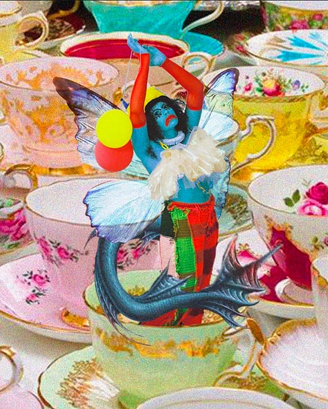 Chimera the Clown has light brown skin and wears hand knotted red and green woven pants wtih red clawed, croc-style shoes poking undernearth. The wear a chiffon, iradescent clown collar as a top, with a small Elizabeathan collar and plastic yellow chain as a necklace. They wear a fuzzy, tall yellow hat and their face is painted with an exaggerated red clown frown, and much wider than realistic 60's inspired make up with a cartoonish outline of the eye with big eyeslashes. Their hair is big, dark, and curly. They hold deflating red and yellow balloons with a light blue tutu and a white wall behind them. In the center protrait, they have edited the photo to make themself look like a clown-fairy with blue skin, a long blue fish-like tail and blue butterfly wings. They are standing in a tea cup on a table of many colorful tea cups. The outter two images are them crouching on a red desk chair. One with their arms down. The other with their arms raised. The pants and image are by GAUDMOTHER. The styling, make up, and edit is Malachi Lily. 
