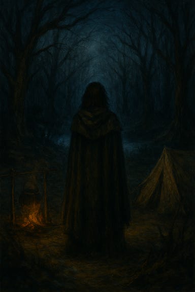 Silverleaf watching the forest from the Vistani camp at the Tser Pool, rendered in the gothic, moody art style of Curse of Strahd