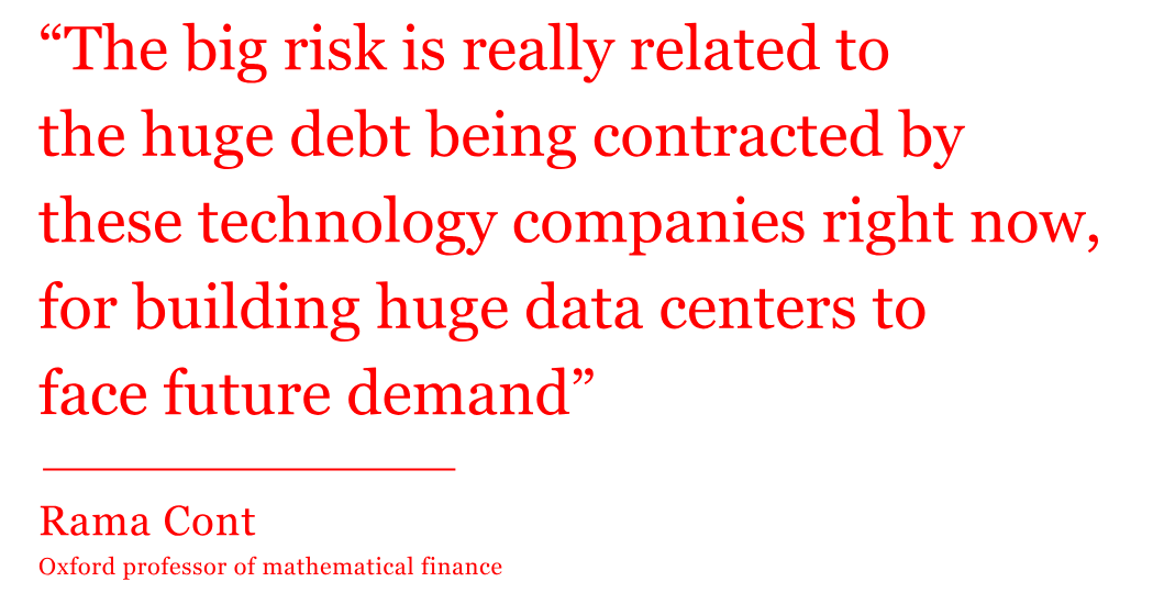 Graphic alt text: The quote from Rama Cont, Oxford professor of mathematical finance, reads: “The big risk is really related to the huge debt being contracted by these technology companies right now, for building huge data centers to face future demand.” Graphic alt text: The quote from Rama Cont, Oxford professor of mathematical finance, reads: “The big risk is really related to the huge debt being contracted by these technology companies right now, for building huge data centers to face future demand.”