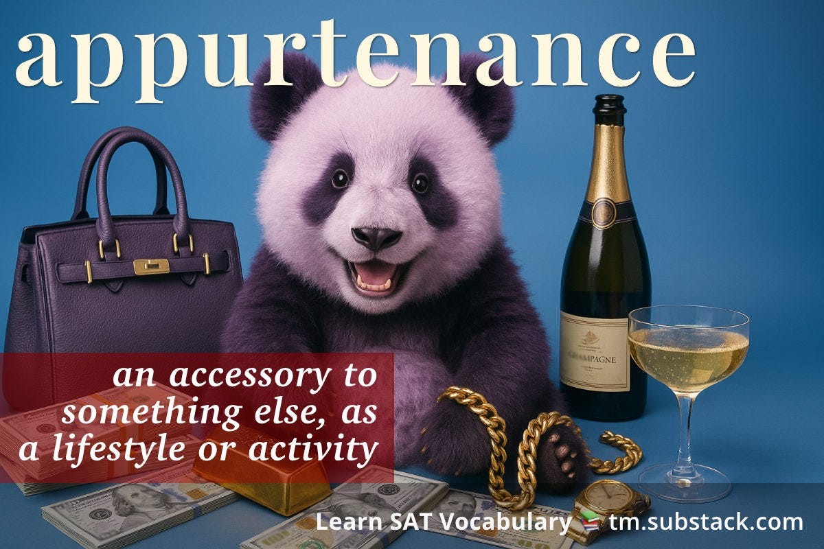 Illustration of a panda sitting amidst luxury items ($100 bills, champagne, gold watch, etc.); used to illustrate the SAT word 'appurtenance'.