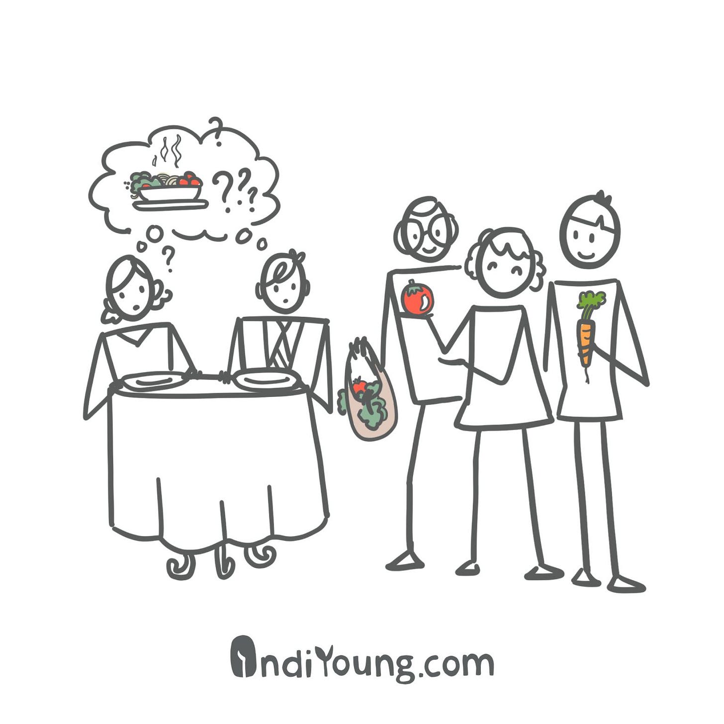 two people at a table set with empty plates, thinking about a beautiful meal, while three people stand to the side of the table offering groceries, including a beautiful tomato and a carrot.